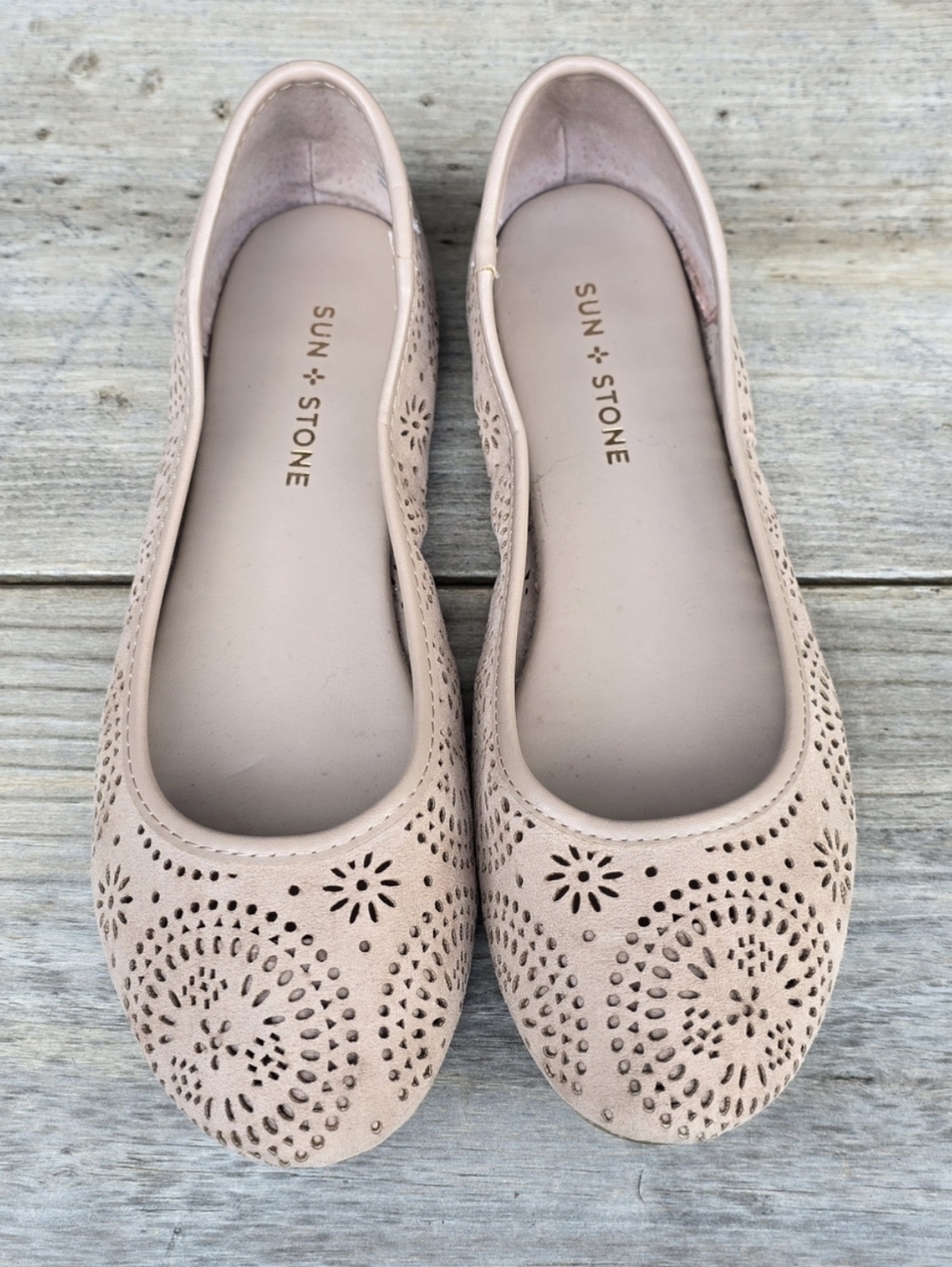Sun + Stone Sophia Coastal Feminine Blush Nude Floral Laser Cut Ballet Flats 9M